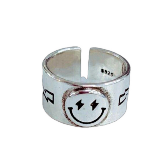 925 Sterling Smiley Happy Face Boho Ring (Silver Face) #1317 - Picture 1 of 10